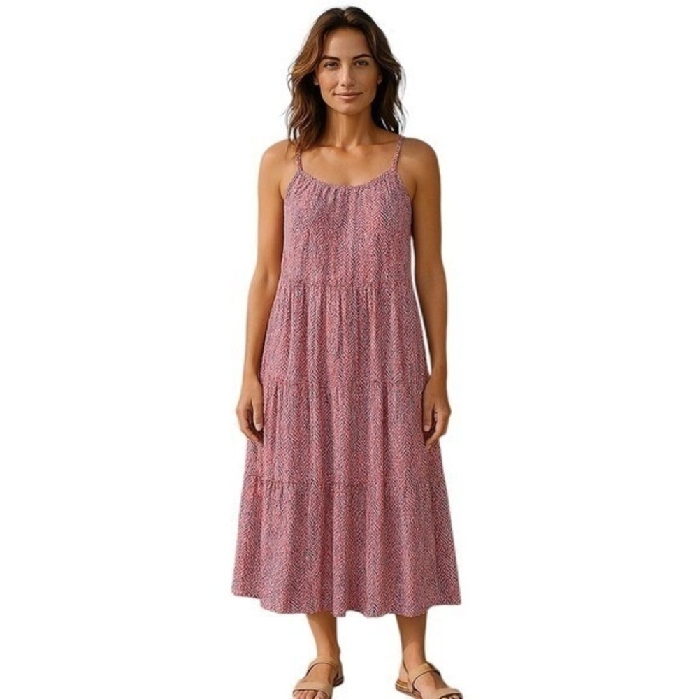 Pinch Carve Designs Tiered Midi Dress L Pink Abstract Print Boho Coastal  Casual